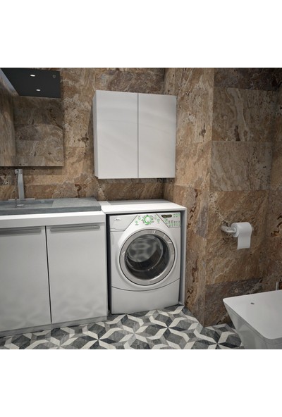 Banos Cd5 Çok Amaçlı Banyo Üst Dolaplı Çamaşır Makinesi Dolabı Takımı - Beyaz