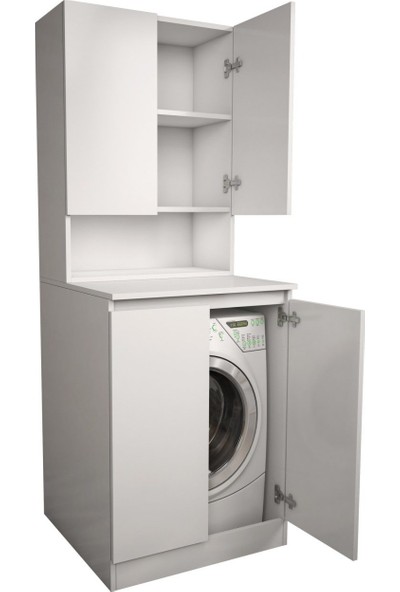 Banos Cd2 Çok Amaçlı Banyo Üst Dolaplı Çamaşır Makinesi Dolabı Takımı - Beyaz