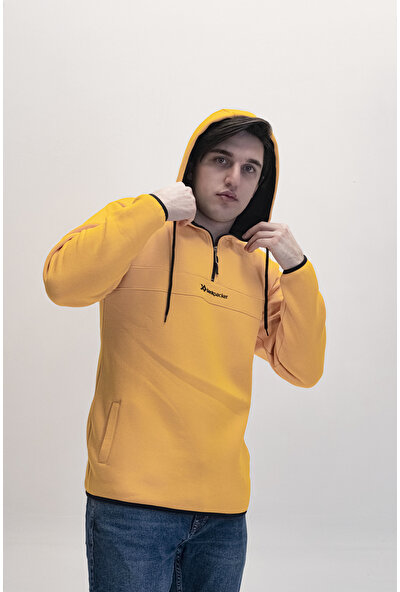 Backpacker Kapüşonlu Yarım Fermuarlı Sarı Erkek Sweatshirt
