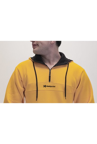 Backpacker Kapüşonlu Yarım Fermuarlı Sarı Erkek Sweatshirt