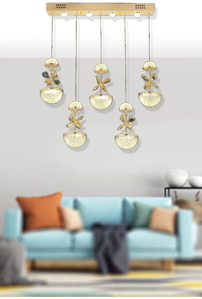 Luna Lighting Modern Luxury Kristal Taşlı 5li Sıralı Sarkıt LED Avize Gold Sarı