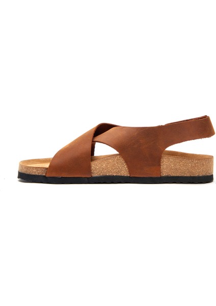 Kahverengi Crazy Deri Mantar Tabanlı Unisex Sandalet-Fayette