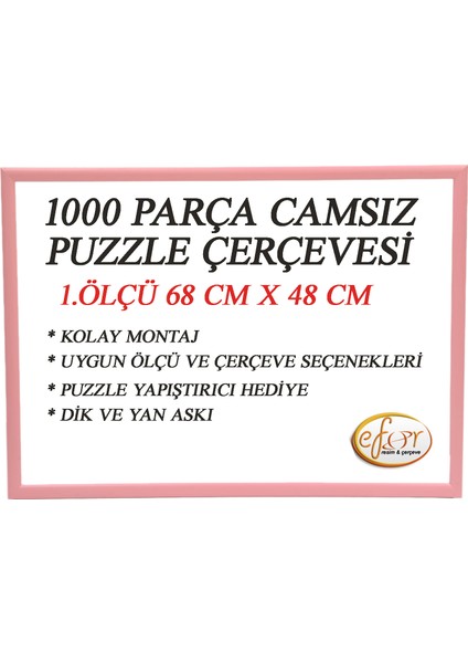 1000 Parça -Camsız - 2.ölçü 68 cm x 48 cm - Renk Pembe-Çerçeve 23 mm