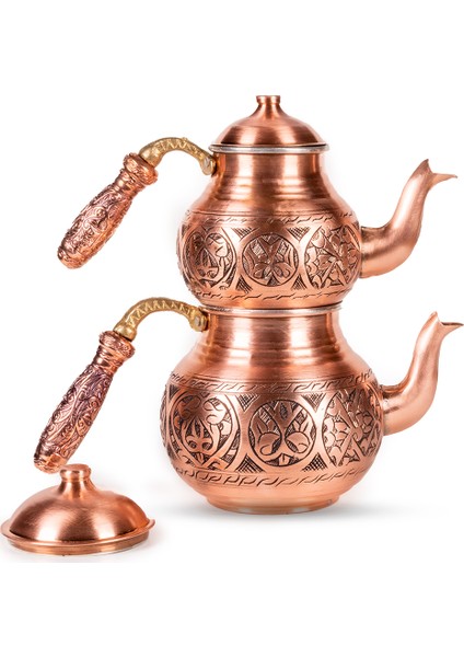 Tombul El Yapımı Kırmızı Eskitme Bakır Çaydanlık