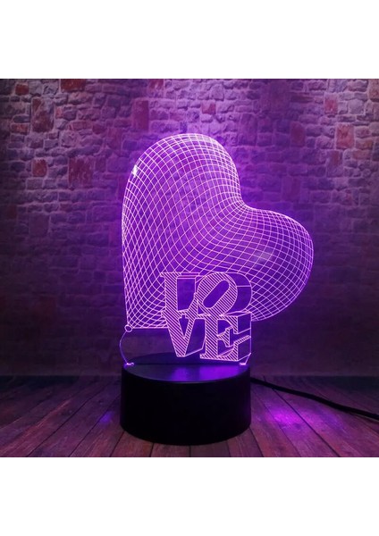 3D Üç Boyutlu Kalpli Love Gece Lambası Dokunmatik Renk Değiştiren