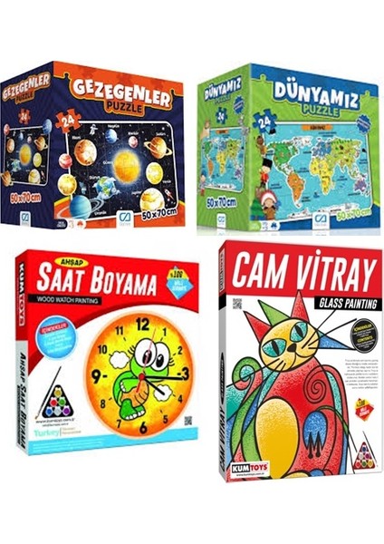 Ca Yer Puzzle Gezegenler +Dünyamız + Kumtoys Saat Boyama + Cam Viitray (4'lü Set)