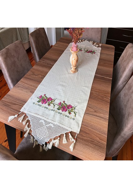 Kanaviçe Runner- Buzdolabı Örtüsü Gül Demet %100 Pamuk
