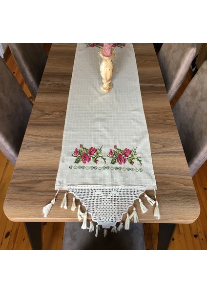Kanaviçe Runner- Buzdolabı Örtüsü Gül Demet %100 Pamuk