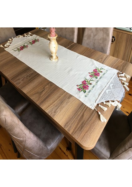 Kanaviçe Runner- Buzdolabı Örtüsü Gül Demet %100 Pamuk