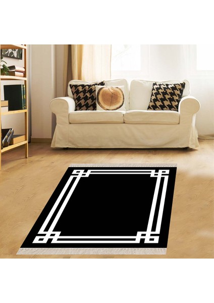 Geometrik Desenli Dijital Baskı Yıkanabilir Kaymaz Taban Düz Model Salon Halısı ve Yolluk (Siyah)
