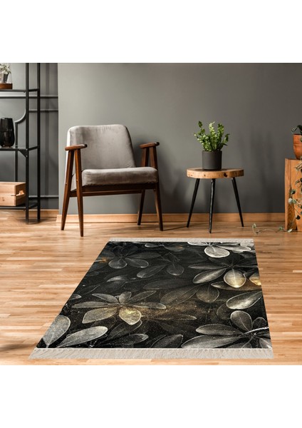 Yaprak Desenli Gold Yaldızlı Dijital Baskı Yıkanabilir Kaymaz Taban Modern Salon Halısı Yolluk