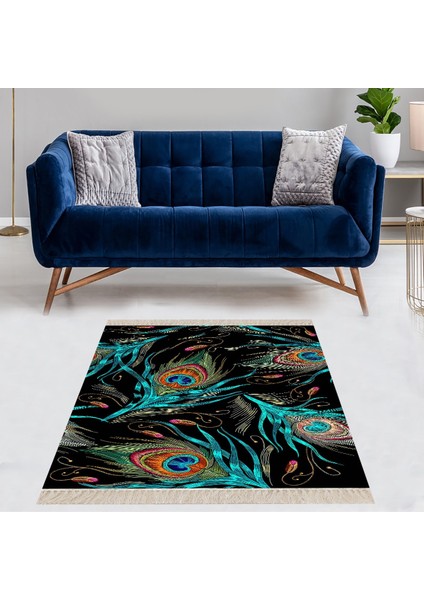 Tavuskuşu Tüyü Desenli Dijital Baskı Yıkanabilir Kaymaz Taban Kilim Model Salon Halısı