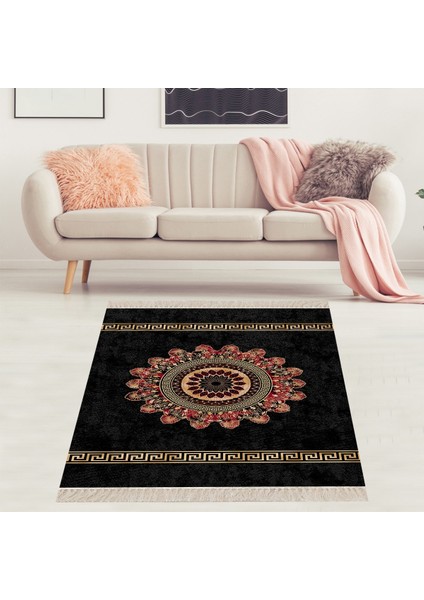 Osmanlı Motif Etnik Çerçeveli Dijital Baskı Yıkanabilir Kaymaz Taban Klasik Salon Halı ve Yolluk