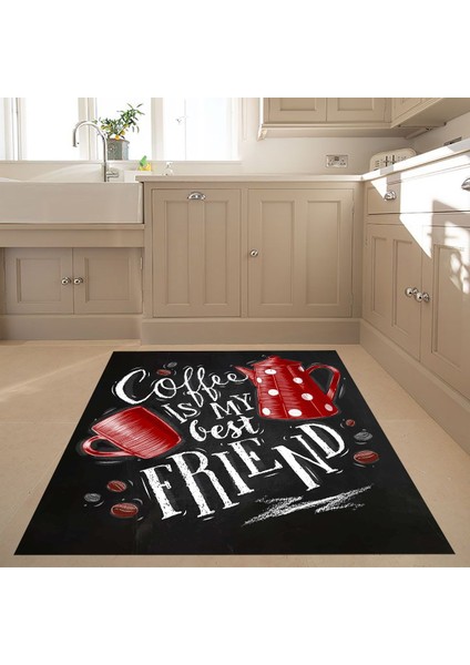 Coffe Best Friend Dijital Baskı Yıkanabilir Kaymaz Taban Leke Tutmaz Mutfak Halısı