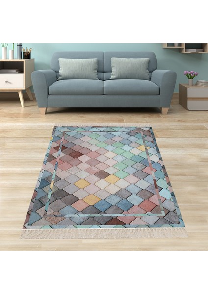 Geometrik Desenli Renk Bloklu Dijital Baskı Yıkanabilir Kaymaz Taban Modern Salon Halısı ve Yolluk