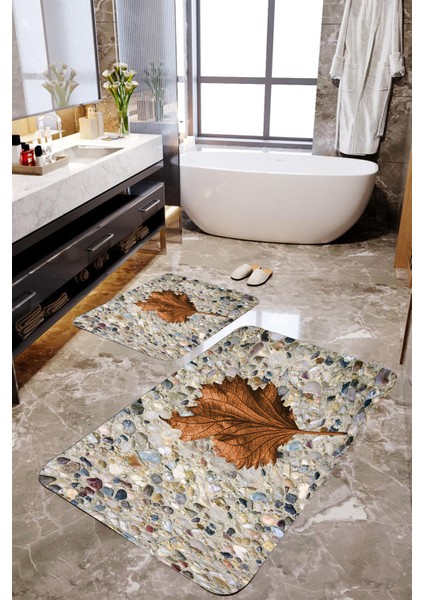 3 Boyutlu Çınar Yaprak ve Taş Desenli 2'li Banyo Paspas Takımı MKTPP-2006 60 x 100 cm 50 x 60 cm