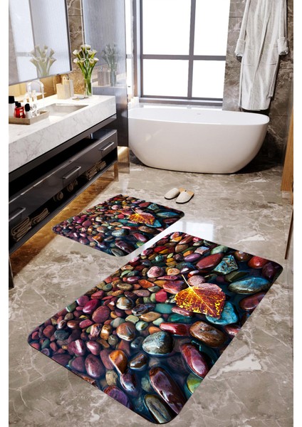 3 Boyutlu Renkli Taşlı 2'li Banyo Paspas Takımı MKTPP-2017 60 x 100 cm 50 x 60 cm