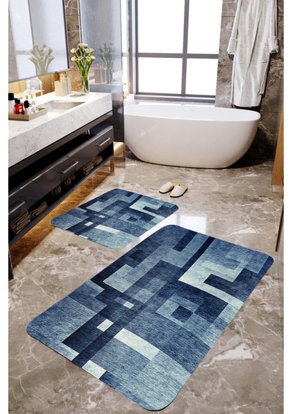 Mavi Geometrik Desen 2'li Banyo Paspas Takımı MKTPP-2018 60 x 100 cm 50 x 60 cm