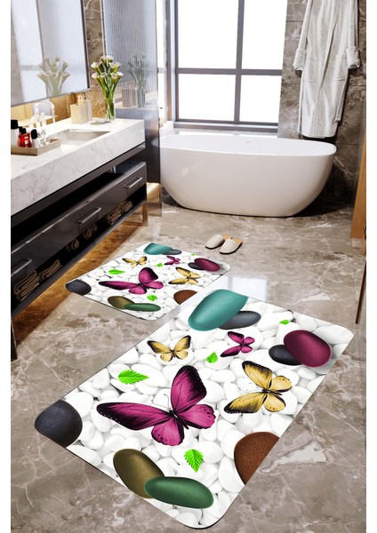 3 Boyutlu Kelebek ve Taşlı 2'li Banyo Paspas Takımı MKTPP-2011 60 x 100 cm 50 x 60 cm