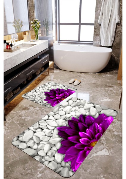 3 Boyutlu Mor Çiçekli Paspas Takımı MKTPP-2010 60 x 100 cm 50 x 60 cm