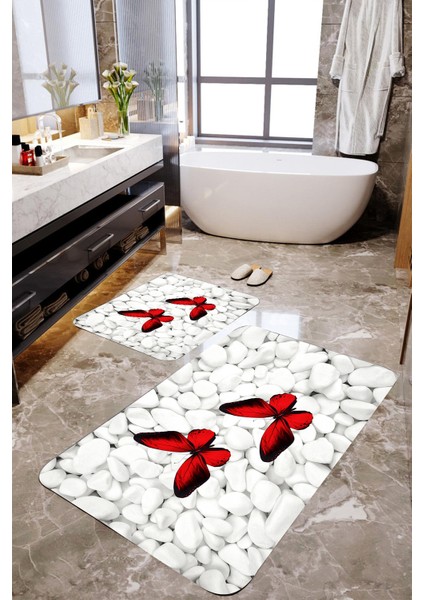 3 Boyutlu Kelebek ve Taşlı 2'li Banyo Paspas Takımı MKTPP-2034 60 x 100 cm 50 x 60 cm
