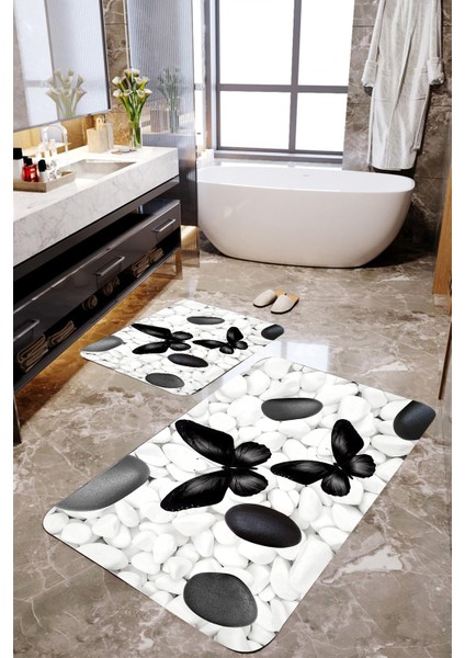 Siyah Kelebek ve Taşlı 2'li Banyo Paspas Takımı MKTPP-2058 60X100/50X61