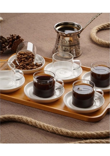 Bambu Tepsi Porselen Tabaklı 6'lı Cam Kahve Bardağı PORJ010943