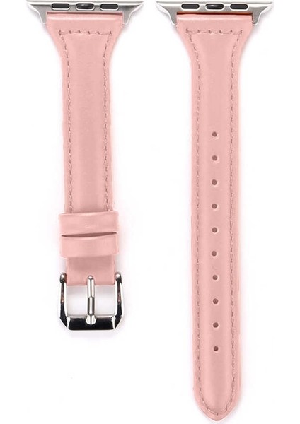 Apple Watch Uyumlu 6 44 mm Kordon Deri Kordon Renkli Ince Tam Kordon 28 Pembe
