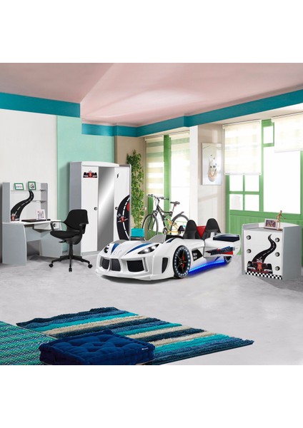 Formula Çocuk Odası Full Audi Koltuklu Ledli Beyaz Arabalı Yatak