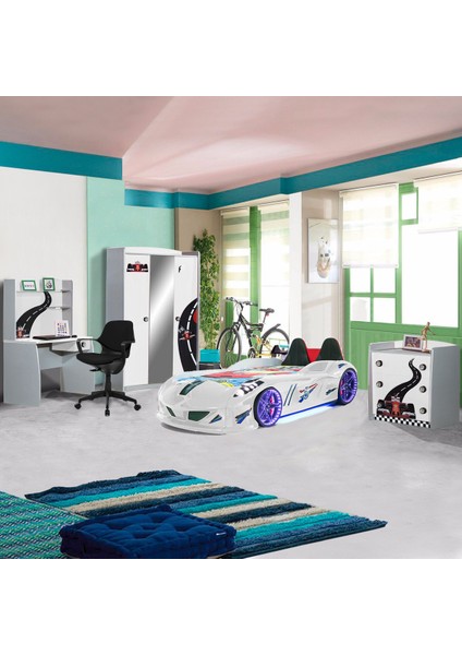 Formula Çocuk Odası Full Jaguar Koltuklu Full Ledli Beyaz Arabalı Yatak