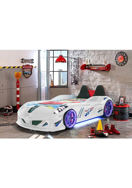 Formula Çocuk Odası Full Jaguar Koltuklu Full Ledli Beyaz Arabalı Yatak