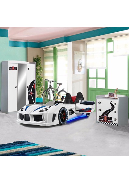 Formula Çocuk Odası  Dolap Şifonyer Audi Koltuklu  Full Ledli Beyaz Arabalı Yatak