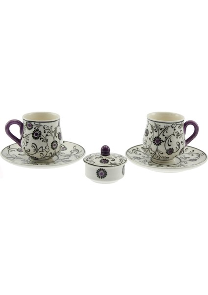 Otantik Çini Lila Haliç Dekorlu 2 Li Fincan Takımı 6x6 cm Tabak 12 cm