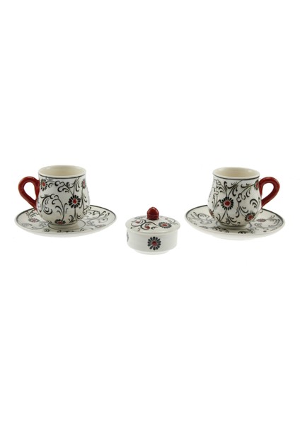 Otantik Çini Kırmızı Haliç Dekorlu 2 Li Fincan Takımı 6x6 cm Tabak 12 cm