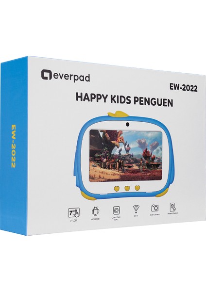 HAPPY KIDS Penguen EW-2022 Wifi+BT Çift Kamera Mavi 7 LCD Ekran 2GB A100 Quard Core 16GB And.10 OS Tablet PC