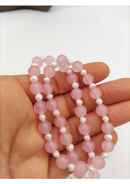 Pembe Kuvars ve Inci Kolyesi