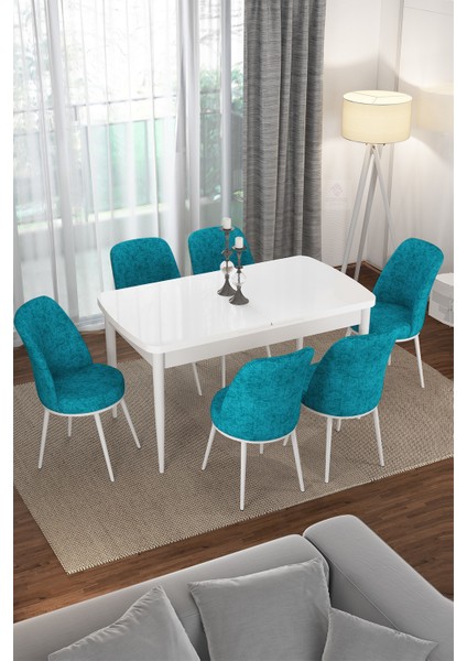 Concept Via Serisi Açılabilir Beyaz Renk Mutfak Masası Takımı, Yemek Masası+6 Adet Sandalye