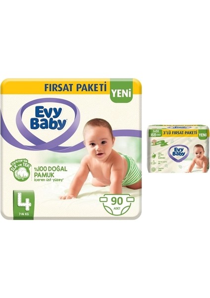 4 Numara Bebek Bezi 90'lı + Evy Baby Islak Havlu 56'lı 3 Paket