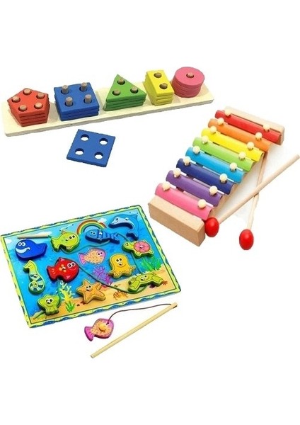 Ahşap Geometrik Şekiller Balık Tutma 8 Nota Selefon Ksilofon 3\'lü Set