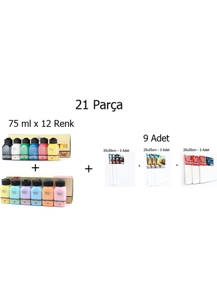Akrilik Boya + Aşkar Tuval Seti 21 Parça