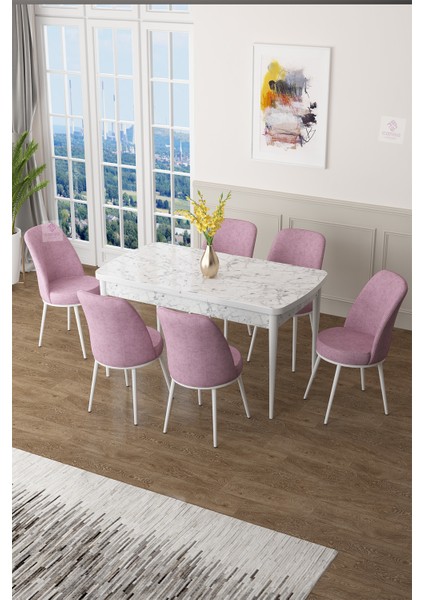 Concept Zen Serisi Mdf Açılabilir Mutfak Masası Takımı ,beyaz Mermer Desen Masa + 6 Adet Sandalye