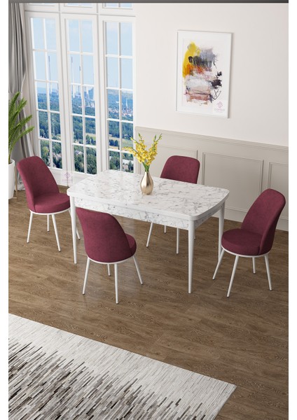 Concept Zen Serisi Mdf Açılabilir Mutfak Masası Takımı ,beyaz Mermer Desen Masa + 4 Adet Sandalye