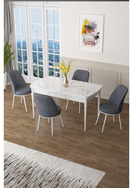 Concept Zen Serisi Mdf Açılabilir Mutfak Masası Takımı ,beyaz Mermer Desen Masa + 4 Adet Sandalye