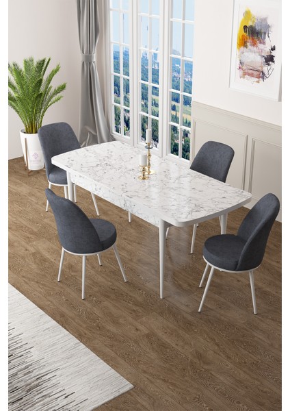 Concept Zen Serisi Mdf Açılabilir Mutfak Masası Takımı ,beyaz Mermer Desen Masa + 4 Adet Sandalye