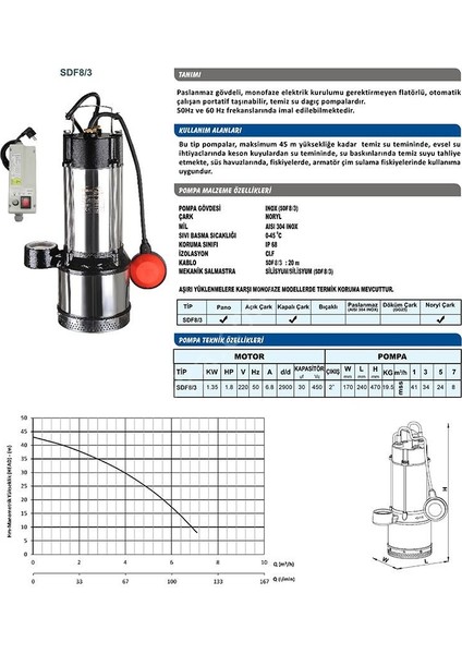 Sdf8/3 Paslanmaz Dalgıç 2 Hp - 2'' Çıkışlı - 44 mt
