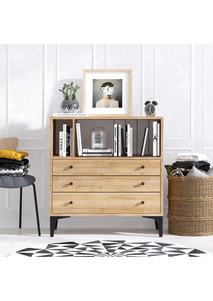 Nevada Şifonyer Modern Tasarım Safir Meşe 80 cm Genişlik 85 cm Yükseklik 3 Çekmeceli