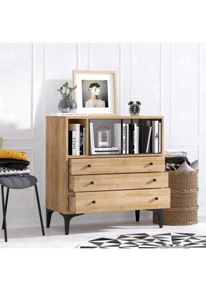 Nevada Şifonyer Modern Tasarım Safir Meşe 80 cm Genişlik 85 cm Yükseklik 3 Çekmeceli fiyatları