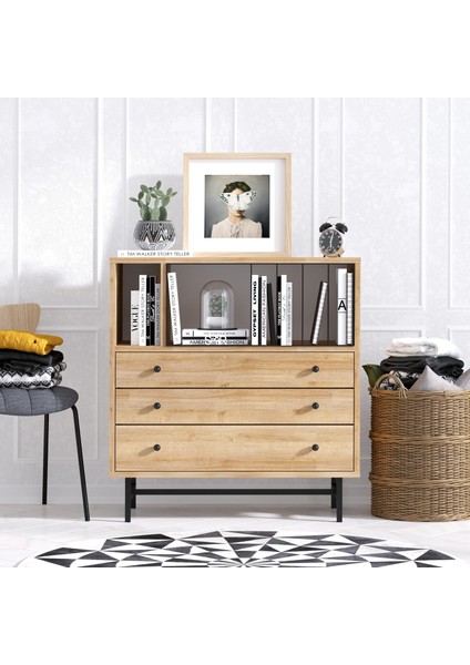 Carla Şifonyer Modern Tasarım Safir Meşe 80 cm Genişlik 85 cm Yükseklik 3 Çekmeceli