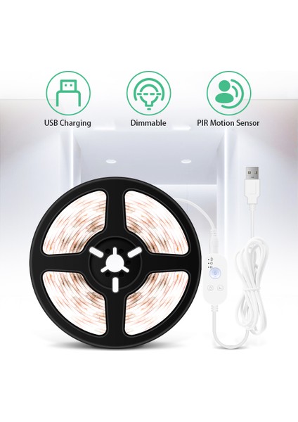 USB Kısılabilir Led Şerit Işık Pır Hareket Sensörü 4 m Beyaz (Yurt Dışından)