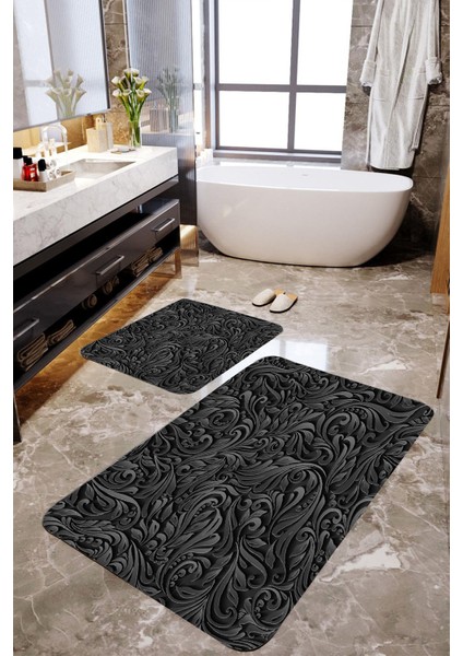 Siyah Motif 2'li Banyo Paspas Takımı MKTBP-0110 60X100/50X60